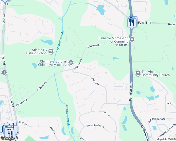 map of restaurants, bars, coffee shops, grocery stores, and more near 7310 Richmond Way in Cumming