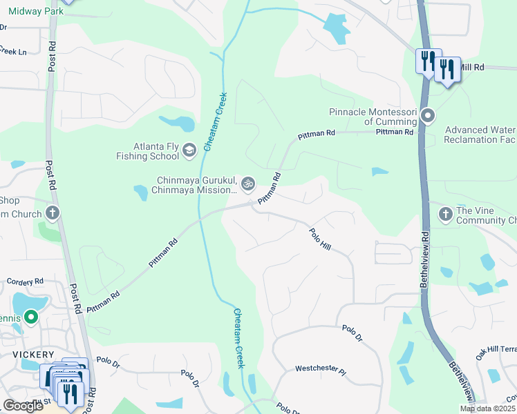 map of restaurants, bars, coffee shops, grocery stores, and more near 7430 Polo Hill in Cumming