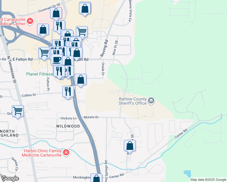 map of restaurants, bars, coffee shops, grocery stores, and more near 1400 Stonehaven Circle in Cartersville