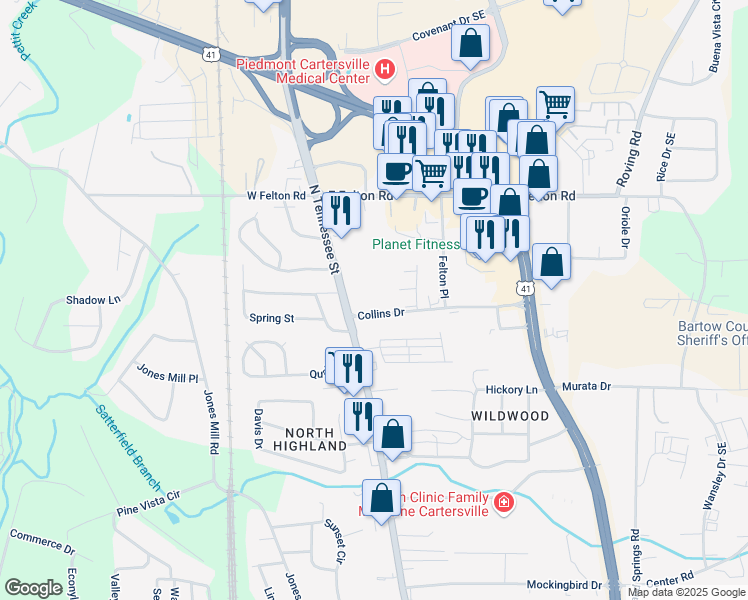 map of restaurants, bars, coffee shops, grocery stores, and more near 1119 North Tennessee Street in Cartersville