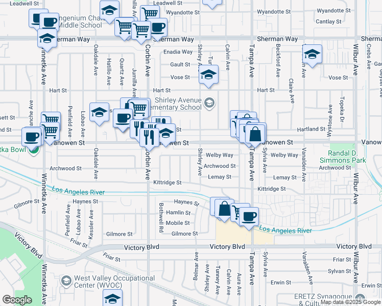 map of restaurants, bars, coffee shops, grocery stores, and more near 19521 Welby Way in Los Angeles
