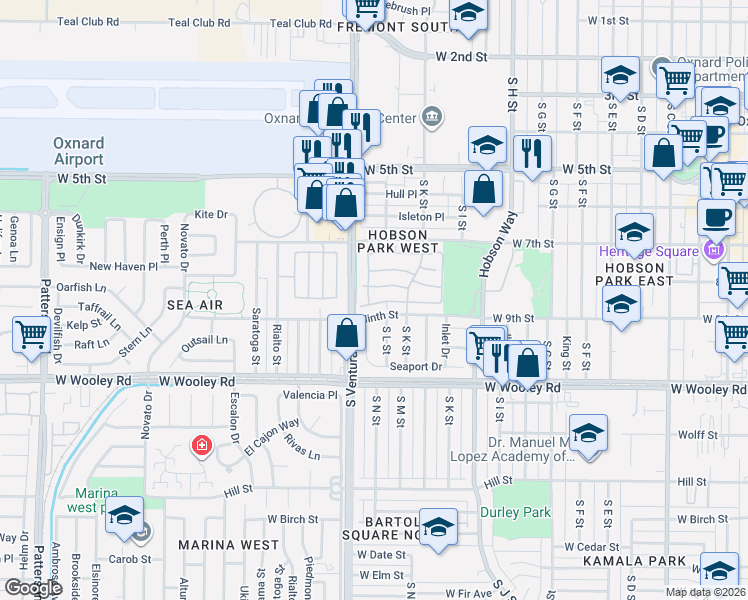 map of restaurants, bars, coffee shops, grocery stores, and more near 1336 Oyster Place in Oxnard