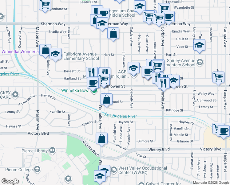 map of restaurants, bars, coffee shops, grocery stores, and more near 20007 Welby Way in Los Angeles