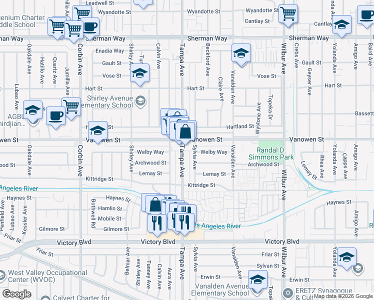 map of restaurants, bars, coffee shops, grocery stores, and more near 6740 Tampa Avenue in Los Angeles