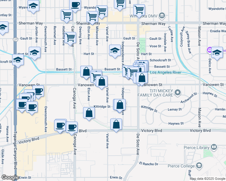 map of restaurants, bars, coffee shops, grocery stores, and more near 21050 Vanowen Street in Los Angeles