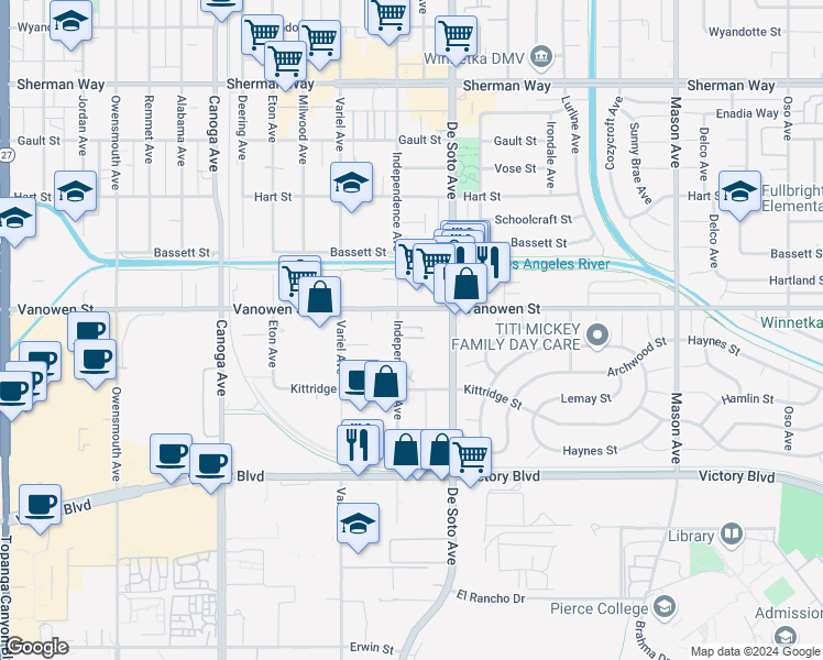 map of restaurants, bars, coffee shops, grocery stores, and more near 6738 Independence Avenue in Los Angeles