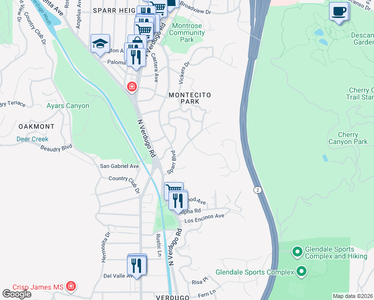 map of restaurants, bars, coffee shops, grocery stores, and more near 1928 Montecito Drive in Glendale