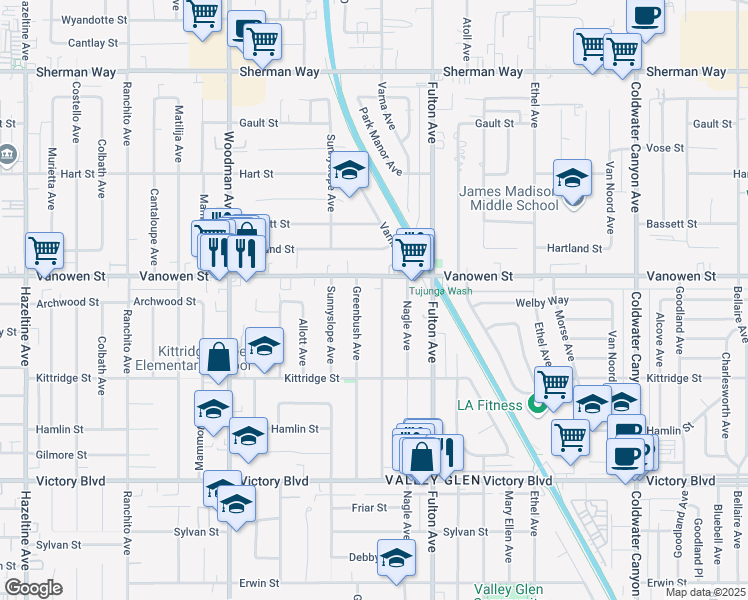 map of restaurants, bars, coffee shops, grocery stores, and more near 6733 Varna Avenue in Los Angeles