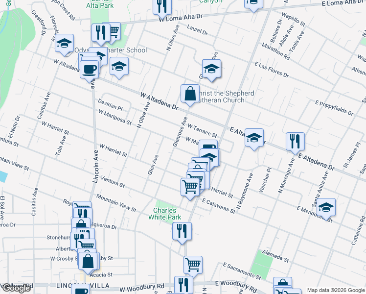 map of restaurants, bars, coffee shops, grocery stores, and more near 131 West Mariposa Street in Altadena