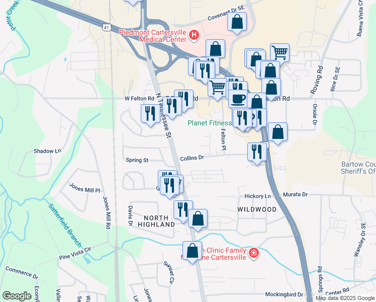 map of restaurants, bars, coffee shops, grocery stores, and more near 1119 North Tennessee Street in Cartersville