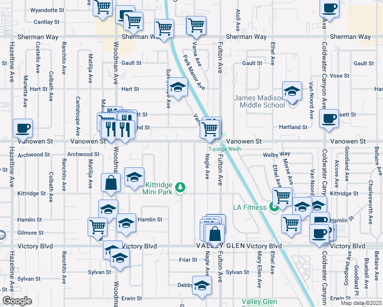 map of restaurants, bars, coffee shops, grocery stores, and more near 6733 Varna Avenue in Los Angeles