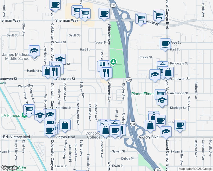 map of restaurants, bars, coffee shops, grocery stores, and more near 6731 Whitsett Avenue in Los Angeles
