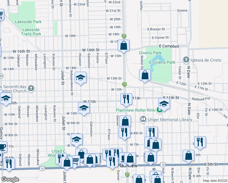 map of restaurants, bars, coffee shops, grocery stores, and more near 506 West 11th Street in Plainview