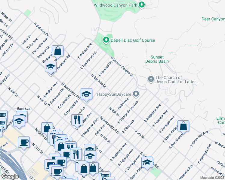 map of restaurants, bars, coffee shops, grocery stores, and more near 1000 East San Jose Avenue in Burbank