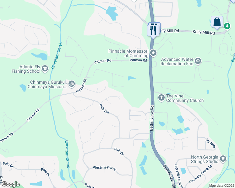 map of restaurants, bars, coffee shops, grocery stores, and more near 7355 Canter Run in Cumming