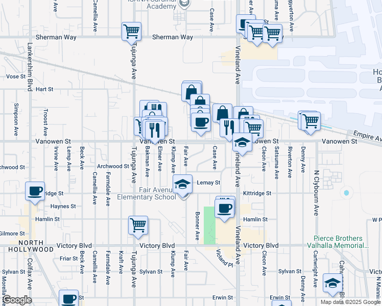 map of restaurants, bars, coffee shops, grocery stores, and more near 11163 Welby Way in Los Angeles