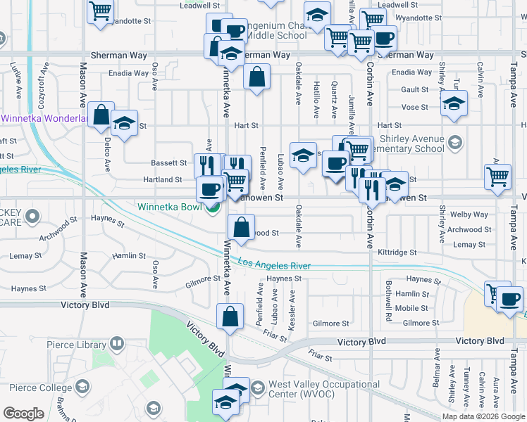 map of restaurants, bars, coffee shops, grocery stores, and more near 20006 Welby Way in Los Angeles