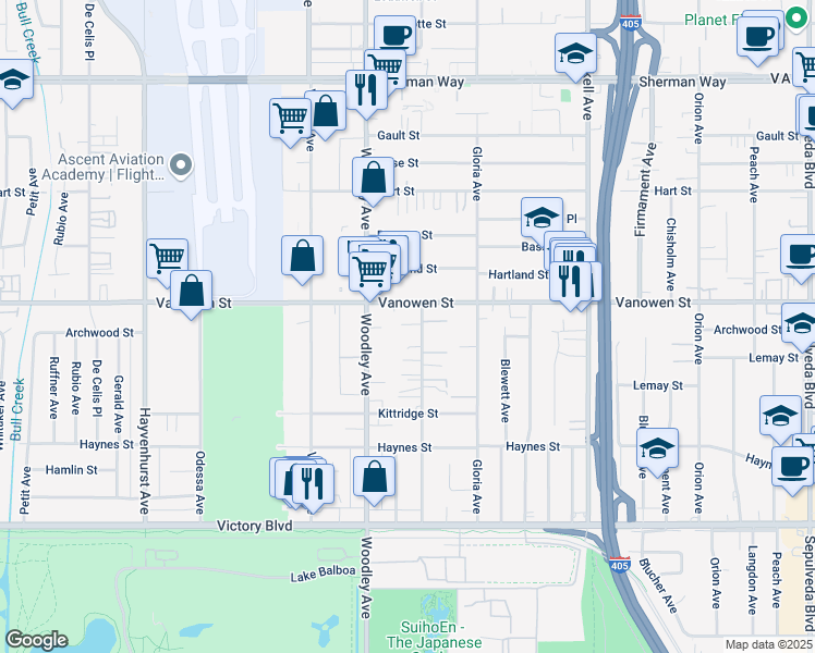map of restaurants, bars, coffee shops, grocery stores, and more near 6747 Gaviota Avenue in Los Angeles