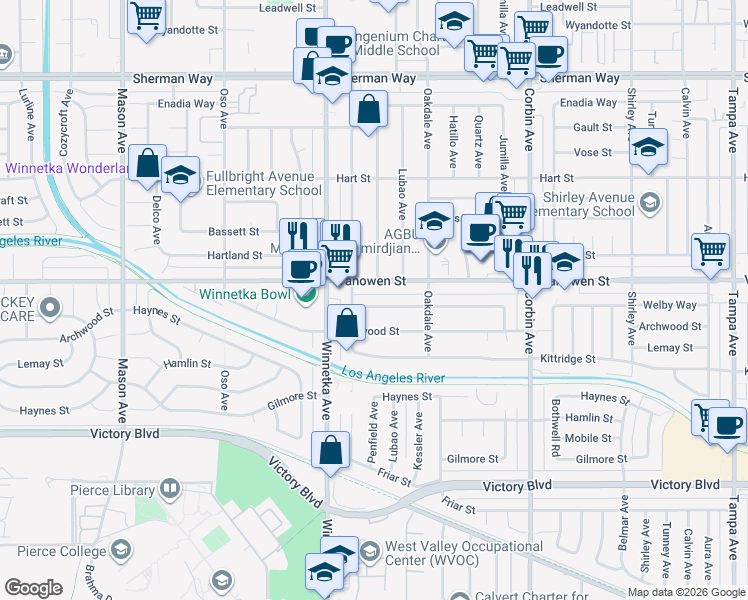 map of restaurants, bars, coffee shops, grocery stores, and more near 20007 Welby Way in Los Angeles
