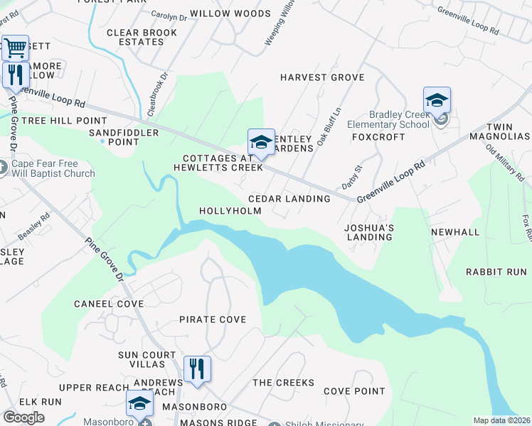 map of restaurants, bars, coffee shops, grocery stores, and more near 5910 Cedar Landing Road in Wilmington