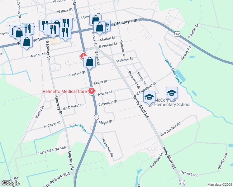 map of restaurants, bars, coffee shops, grocery stores, and more near 301 Cleveland Street in Mullins