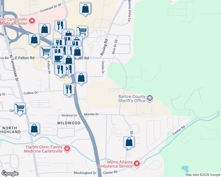 map of restaurants, bars, coffee shops, grocery stores, and more near Stonehaven Circle in Cartersville