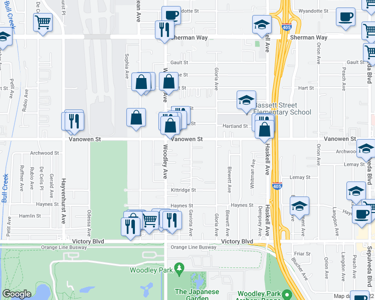 map of restaurants, bars, coffee shops, grocery stores, and more near 6747 Gaviota Avenue in Los Angeles