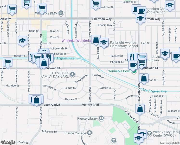 map of restaurants, bars, coffee shops, grocery stores, and more near 20450 Haynes Street in Los Angeles