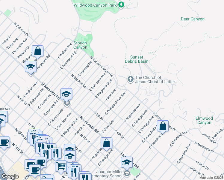 map of restaurants, bars, coffee shops, grocery stores, and more near 1051 East Palm Avenue in Burbank