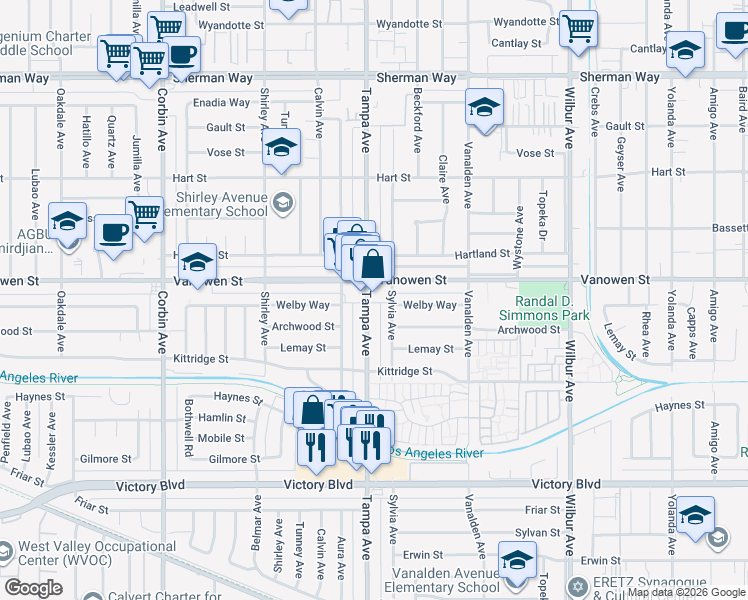 map of restaurants, bars, coffee shops, grocery stores, and more near 6740 Tampa Avenue in Los Angeles