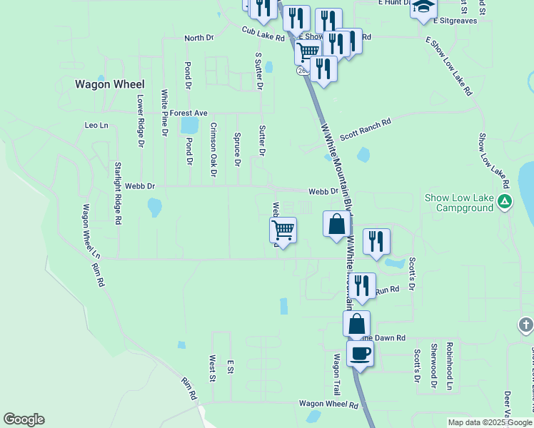 map of restaurants, bars, coffee shops, grocery stores, and more near 5782 Webbville Road in Navajo County
