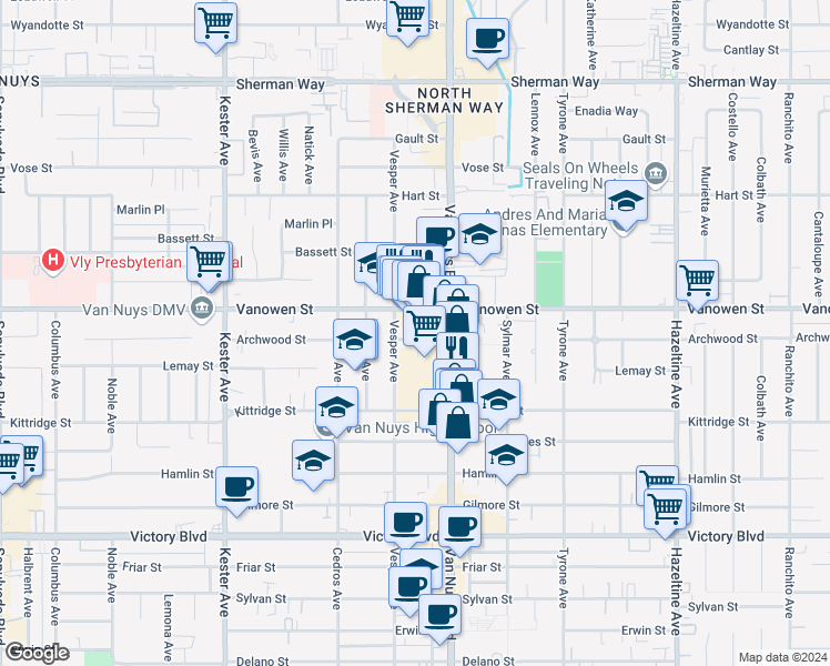 map of restaurants, bars, coffee shops, grocery stores, and more near 14539 Archwood Street in Los Angeles