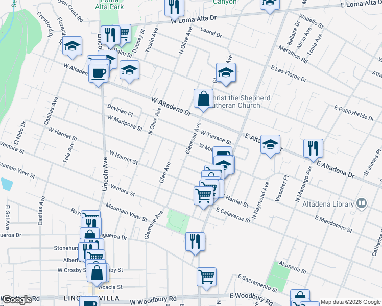 map of restaurants, bars, coffee shops, grocery stores, and more near 151 West Mariposa Street in Altadena