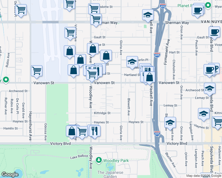 map of restaurants, bars, coffee shops, grocery stores, and more near 15929 Archwood Lane in Los Angeles