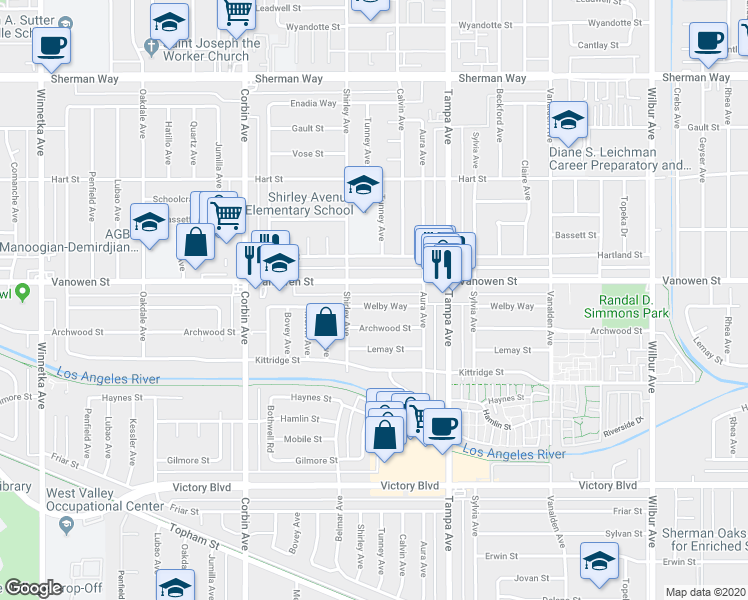 map of restaurants, bars, coffee shops, grocery stores, and more near 19427 Welby Way in Los Angeles