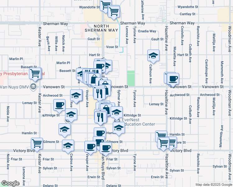 map of restaurants, bars, coffee shops, grocery stores, and more near 6735 Sylmar Avenue in Los Angeles