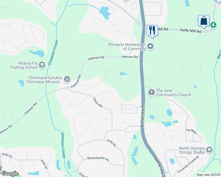 map of restaurants, bars, coffee shops, grocery stores, and more near 7355 Canter Run in Cumming