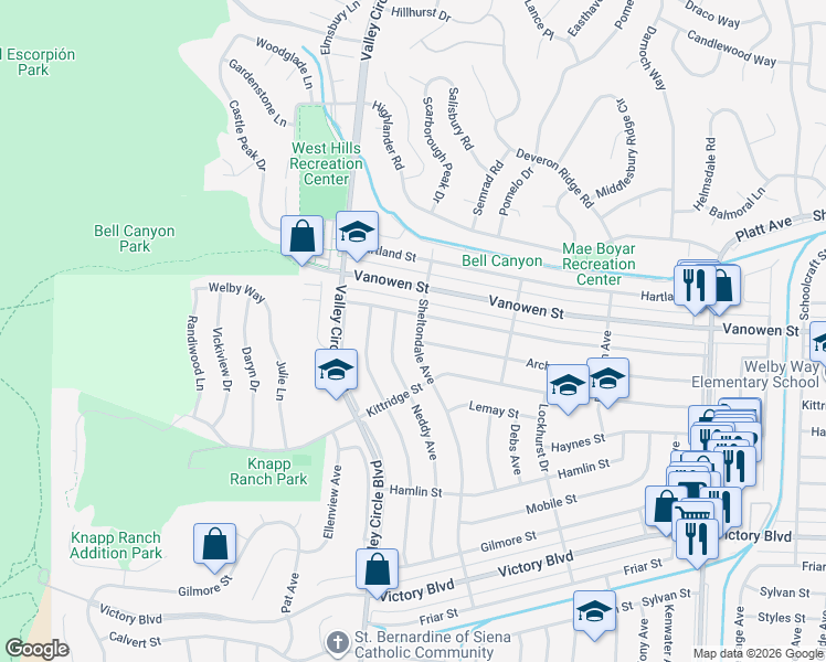 map of restaurants, bars, coffee shops, grocery stores, and more near 6709 Sheltondale Avenue in Los Angeles