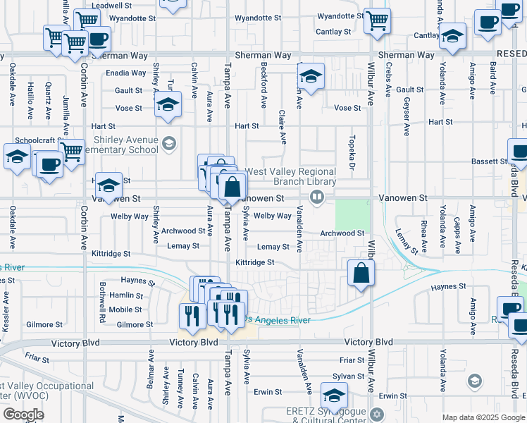 map of restaurants, bars, coffee shops, grocery stores, and more near 19201 Welby Way in Los Angeles