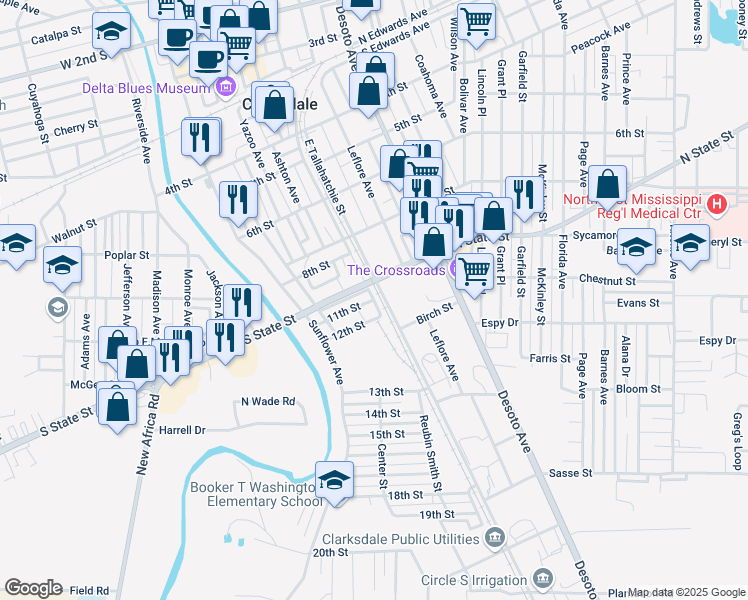 map of restaurants, bars, coffee shops, grocery stores, and more near 1200 West Tallahatchie Street in Clarksdale