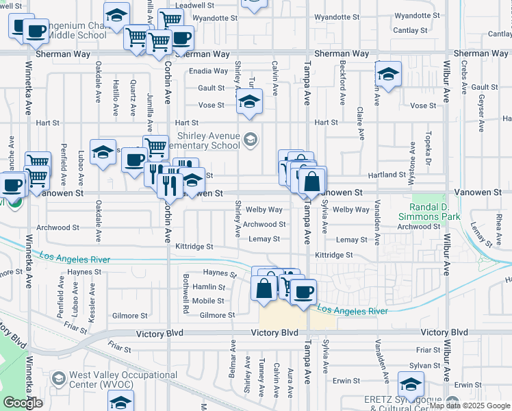 map of restaurants, bars, coffee shops, grocery stores, and more near 19427 Welby Way in Los Angeles