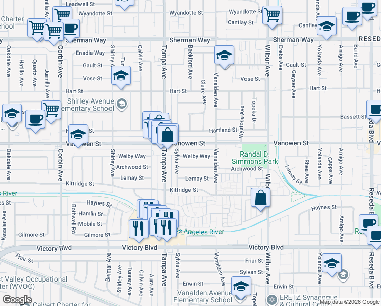 map of restaurants, bars, coffee shops, grocery stores, and more near 19201 Welby Way in Los Angeles