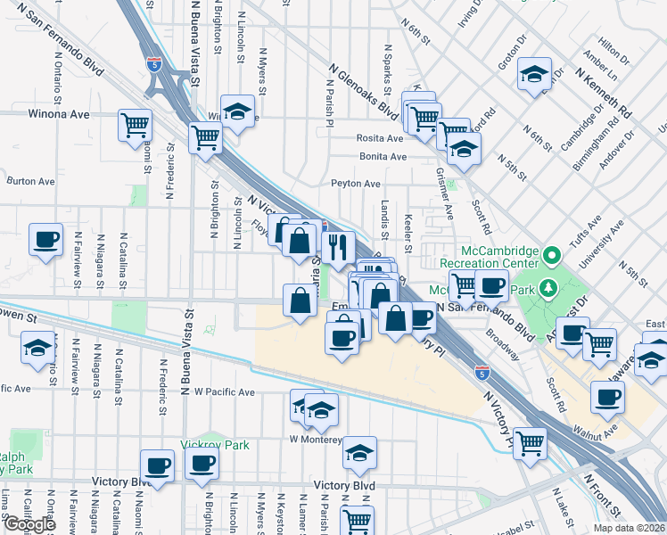 map of restaurants, bars, coffee shops, grocery stores, and more near 1861 North Victory Place in Burbank