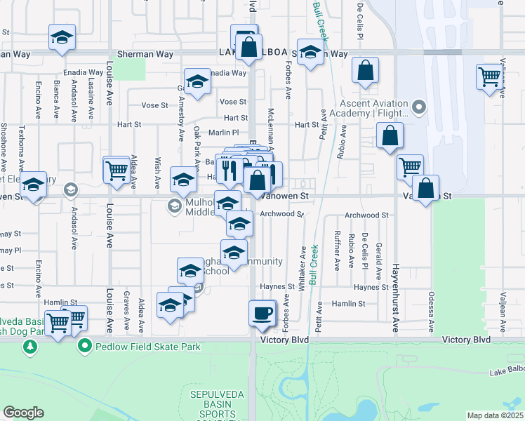 map of restaurants, bars, coffee shops, grocery stores, and more near 6714 McLennan Avenue in Los Angeles