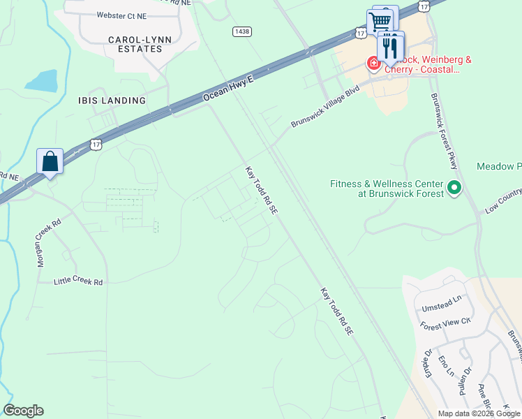 map of restaurants, bars, coffee shops, grocery stores, and more near 4163 Hobblebush Drive in Leland