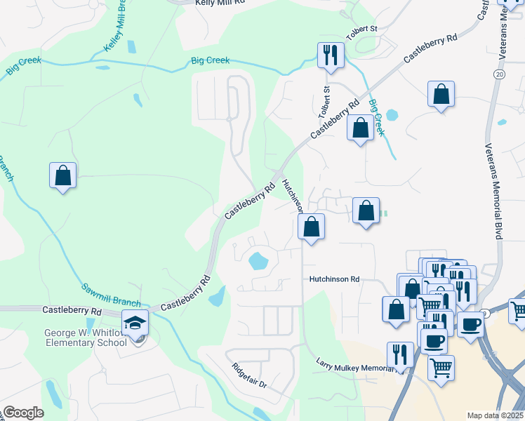 map of restaurants, bars, coffee shops, grocery stores, and more near 3259 Castleberry Road in Cumming