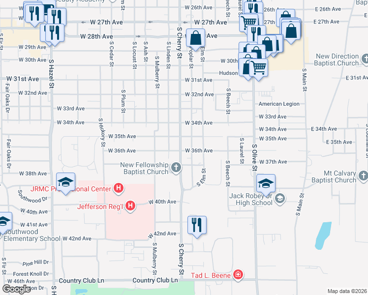 map of restaurants, bars, coffee shops, grocery stores, and more near 3517 South Cherry Street in Pine Bluff