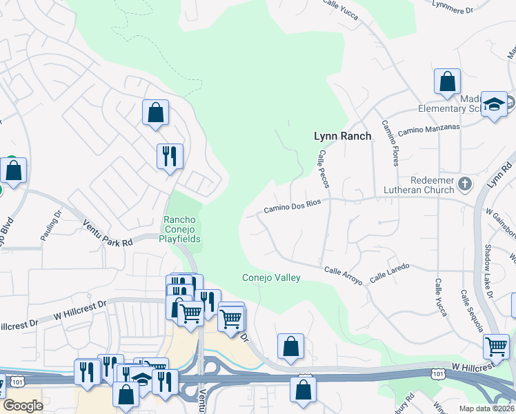 map of restaurants, bars, coffee shops, grocery stores, and more near 1153 Camino Dos Rios in Thousand Oaks