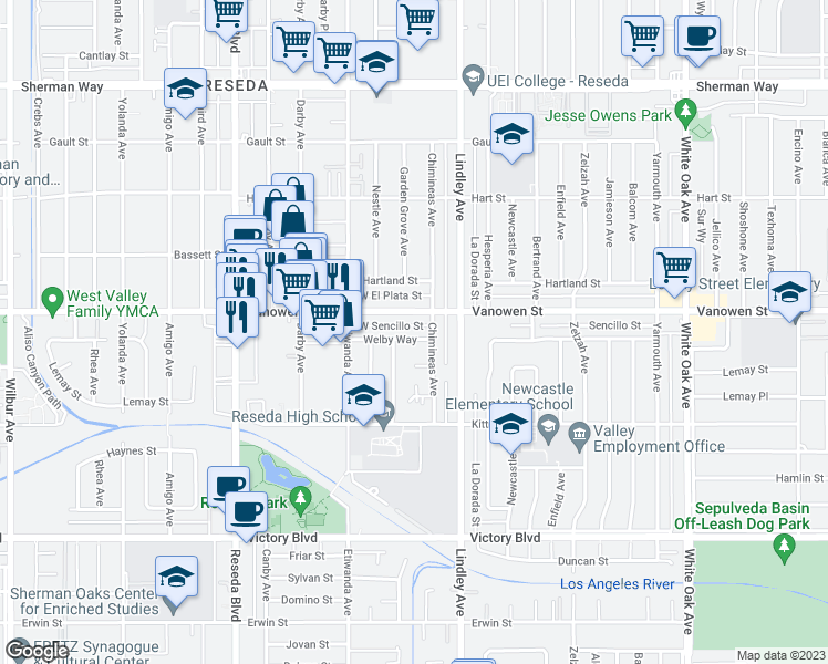 map of restaurants, bars, coffee shops, grocery stores, and more near 18149 Welby Way in Los Angeles