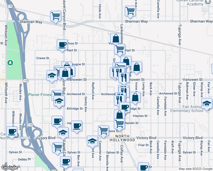 map of restaurants, bars, coffee shops, grocery stores, and more near 6705 Morella Avenue in Los Angeles